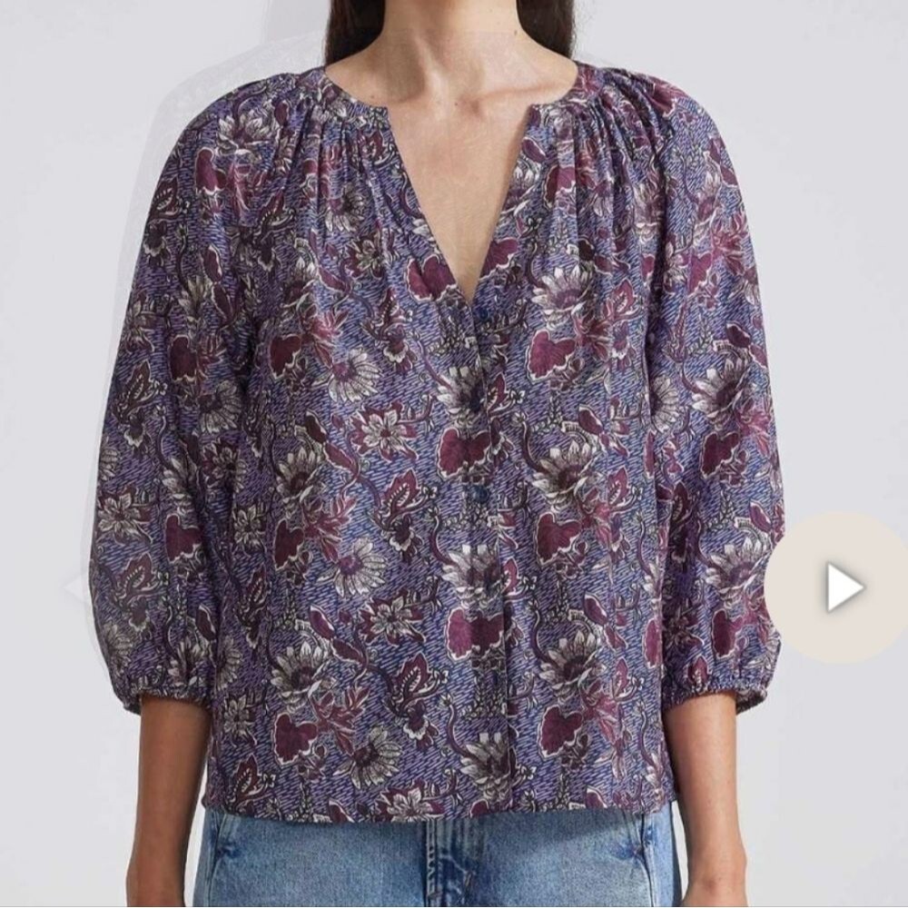 Apiece Apart Purple Floral Print Cotton/Silk Blend V-neck Button Down Top. XS